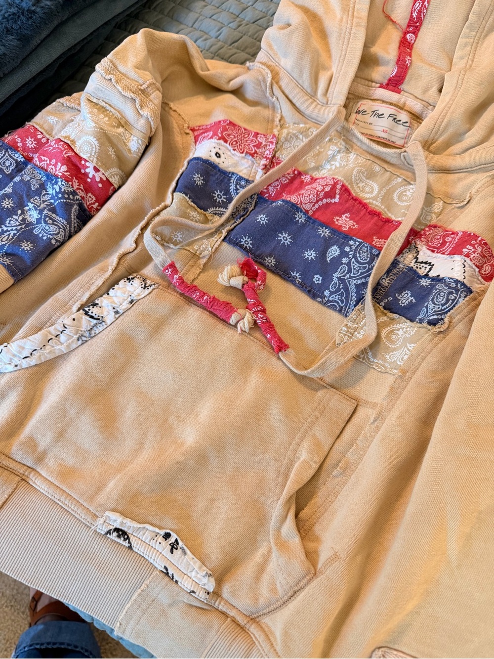 We The Free Beige Hoodie with Red & Navy Bandana Patchwork - Picture 4 of 6